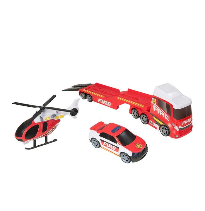 Hti Engine Transporter Camion transportator de pompieri cu masina si elicopter HTI Teamsterz ...